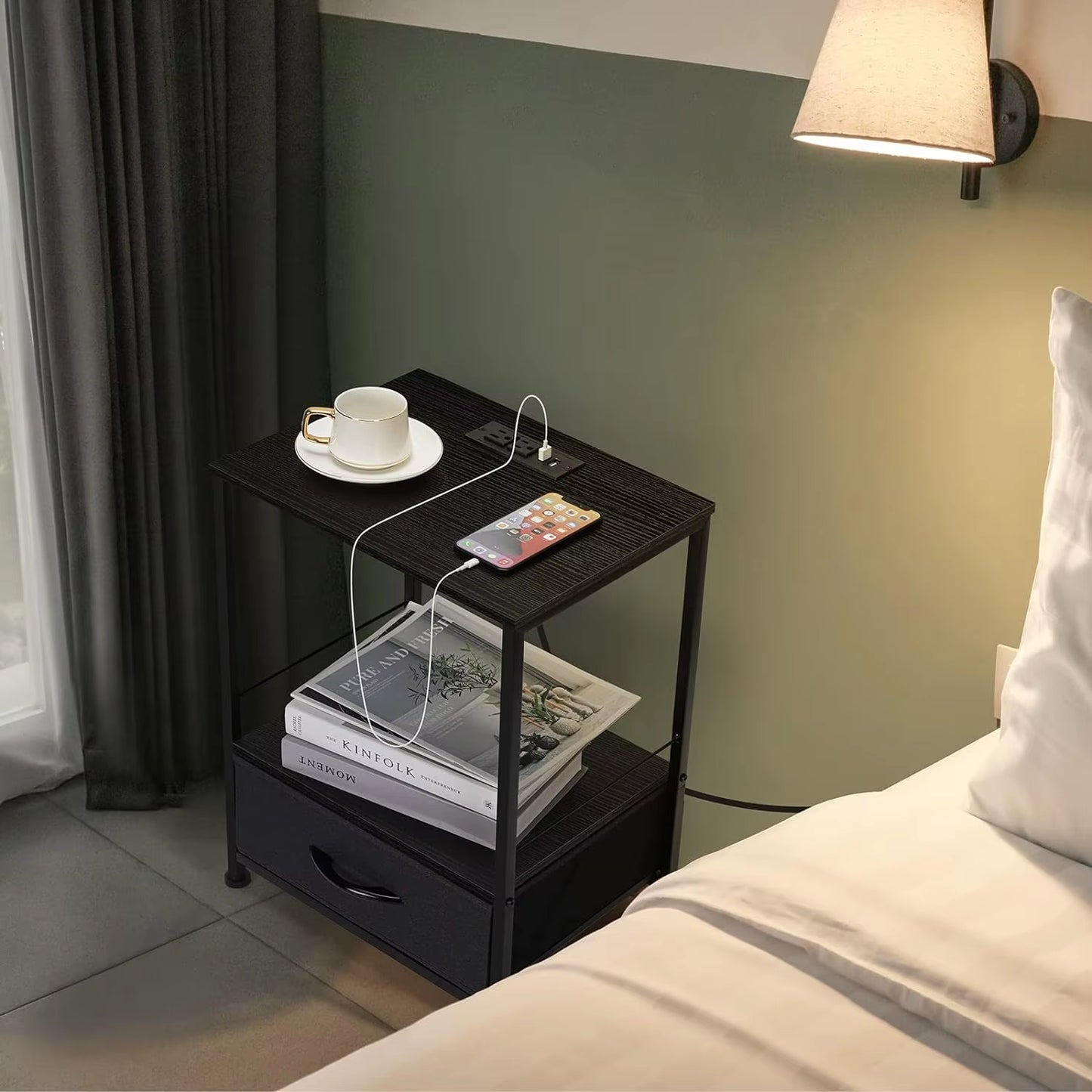 Nightstand with Charging Station Side End Table Fabric Sliding Storage Drawer Bedside Table