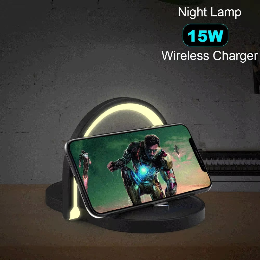 3 in 1 Foldable Bedside Night Light Wireless Charging Station  LED Reading Table Lamp 15W Fast Charging Wireless Charger