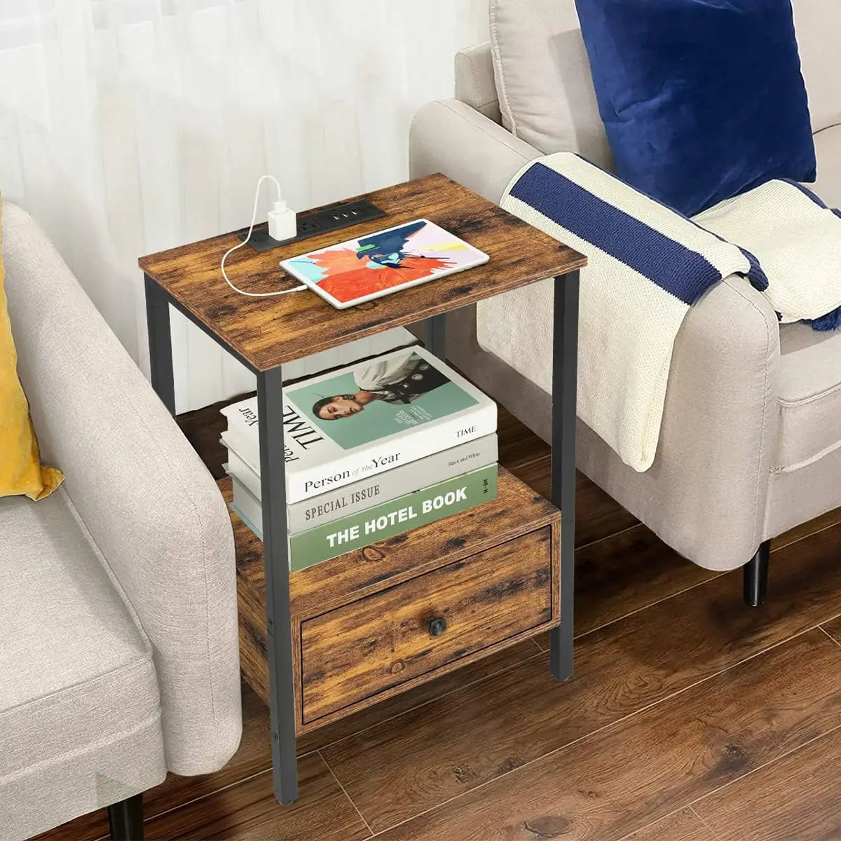 Side Table with Charging Station Narrow End Table W/Storage Drawer Power Outlets