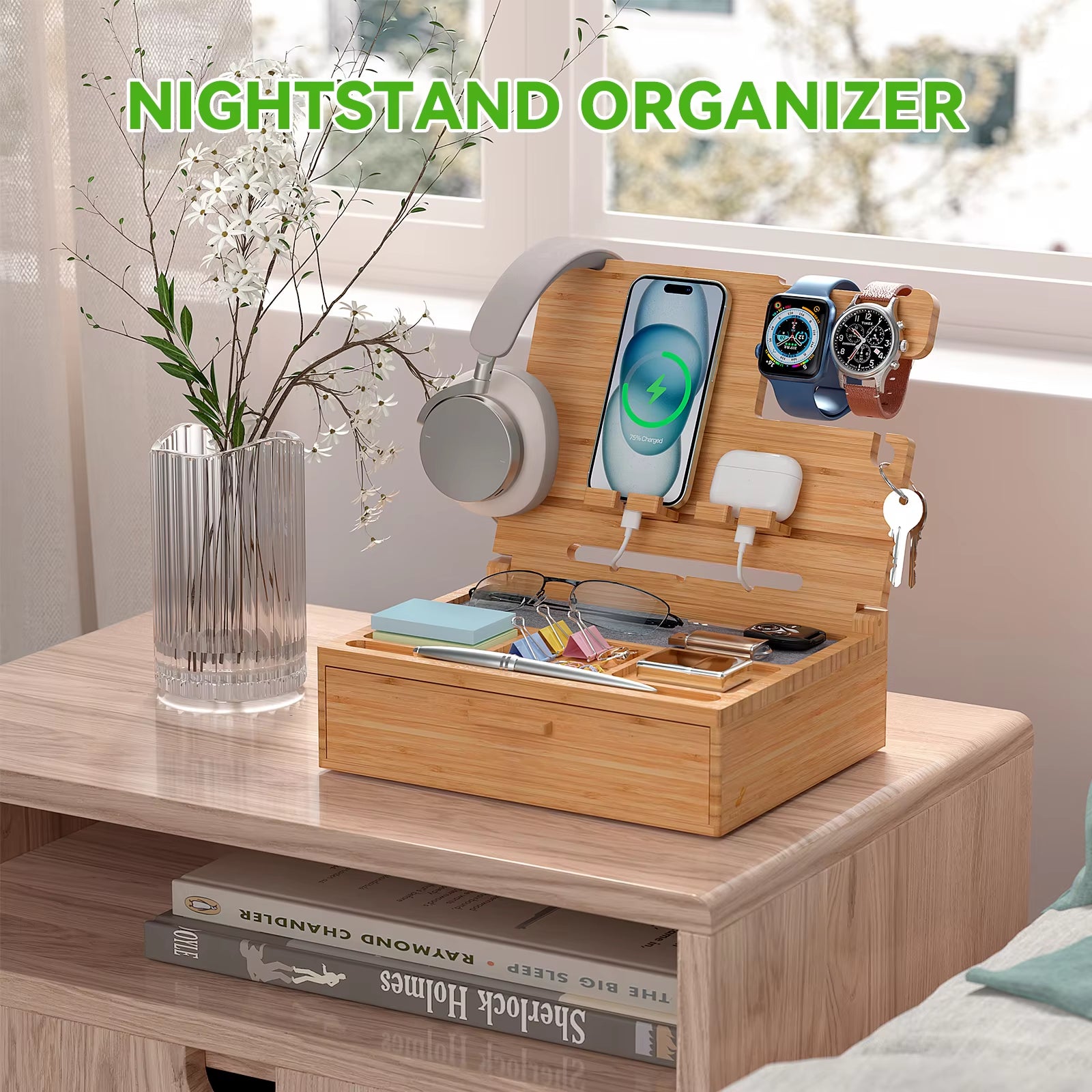 Bamboo Nightstand Charging Station Bedside Table Organizer with Drawer Foldable Cell Phone Stand for Desk Bamboo Docking Station