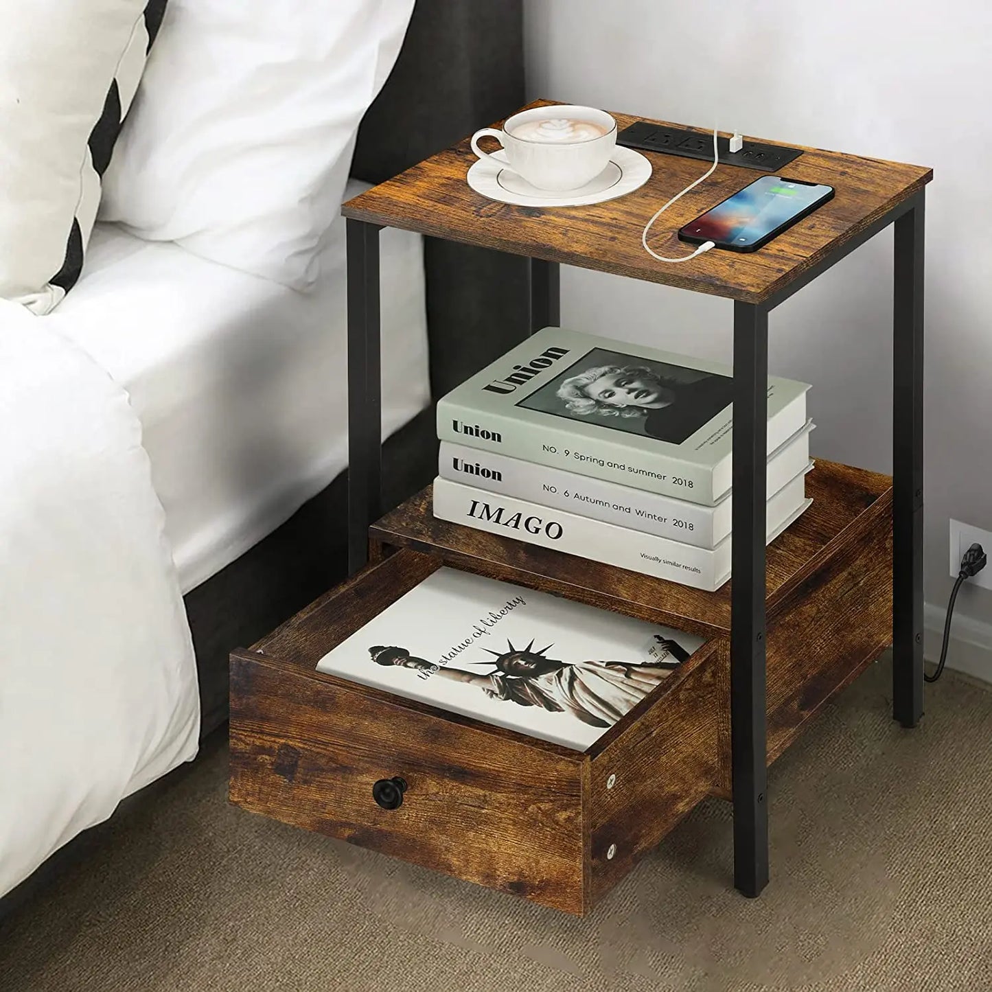 Side Table with Charging Station Narrow End Table W/Storage Drawer Power Outlets