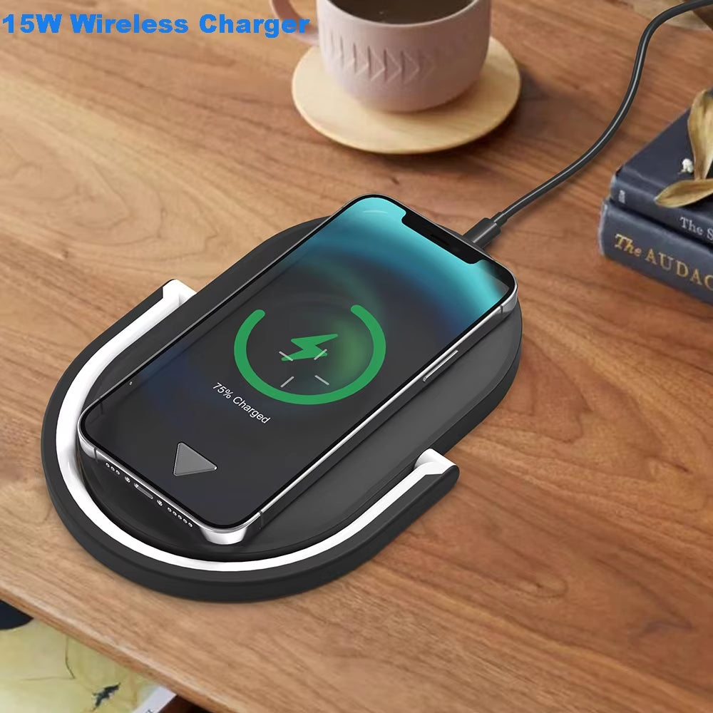 3 in 1 Foldable Bedside Night Light Wireless Charging Station  LED Reading Table Lamp 15W Fast Charging Wireless Charger