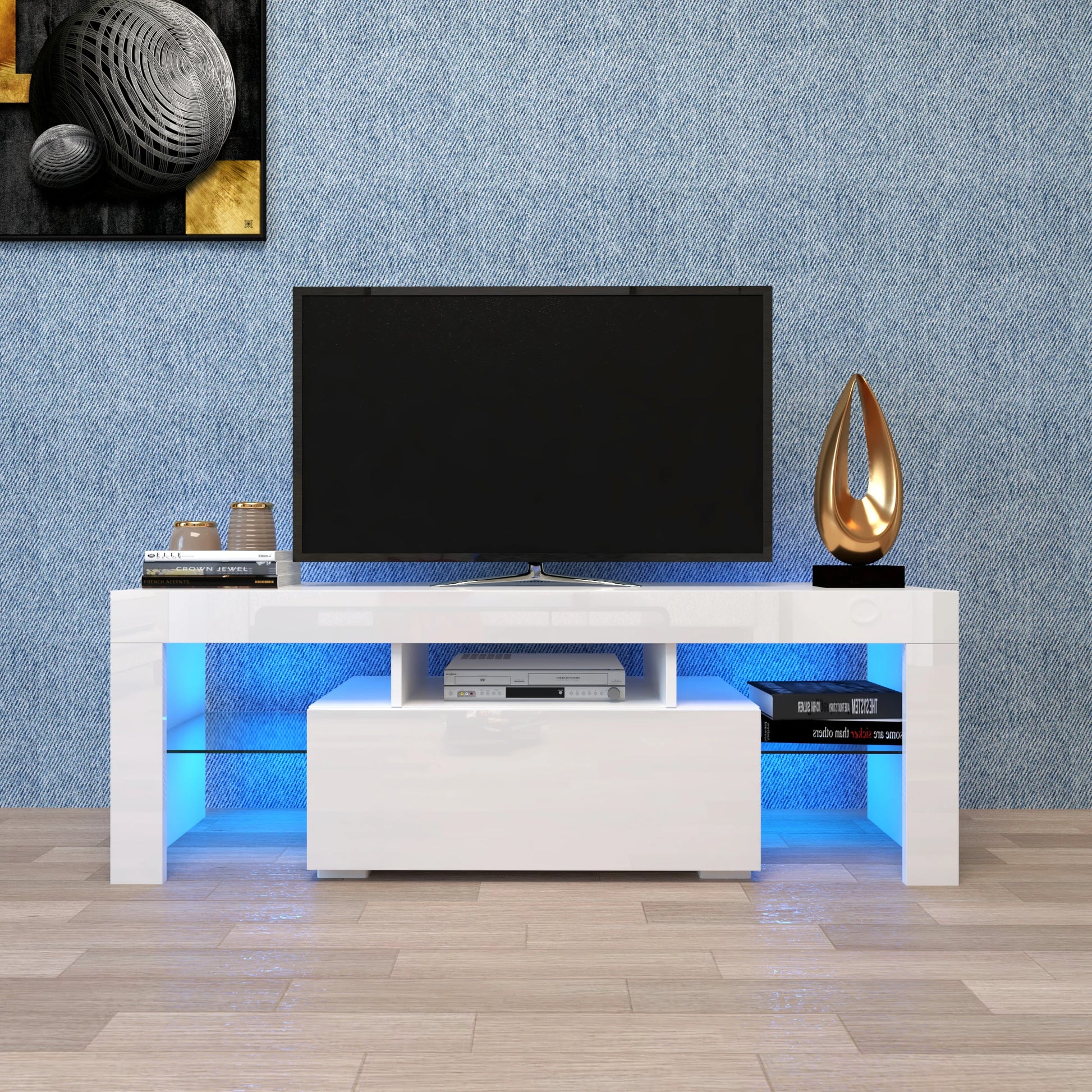 Entertainment TV Stand Large TV Stand 130×35×45CM TV Base Stand with LED Light TV Cabinet Black/White[Us-Stock]