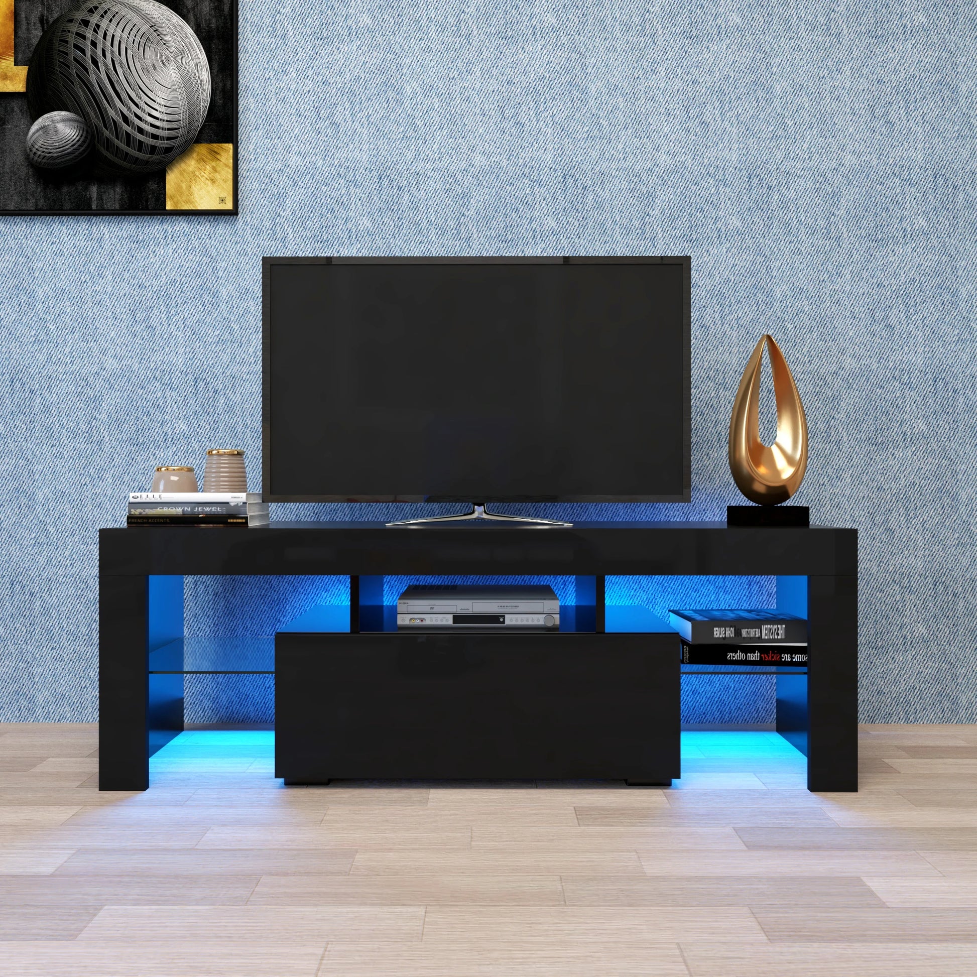 Entertainment TV Stand Large TV Stand 130×35×45CM TV Base Stand with LED Light TV Cabinet Black/White[Us-Stock]