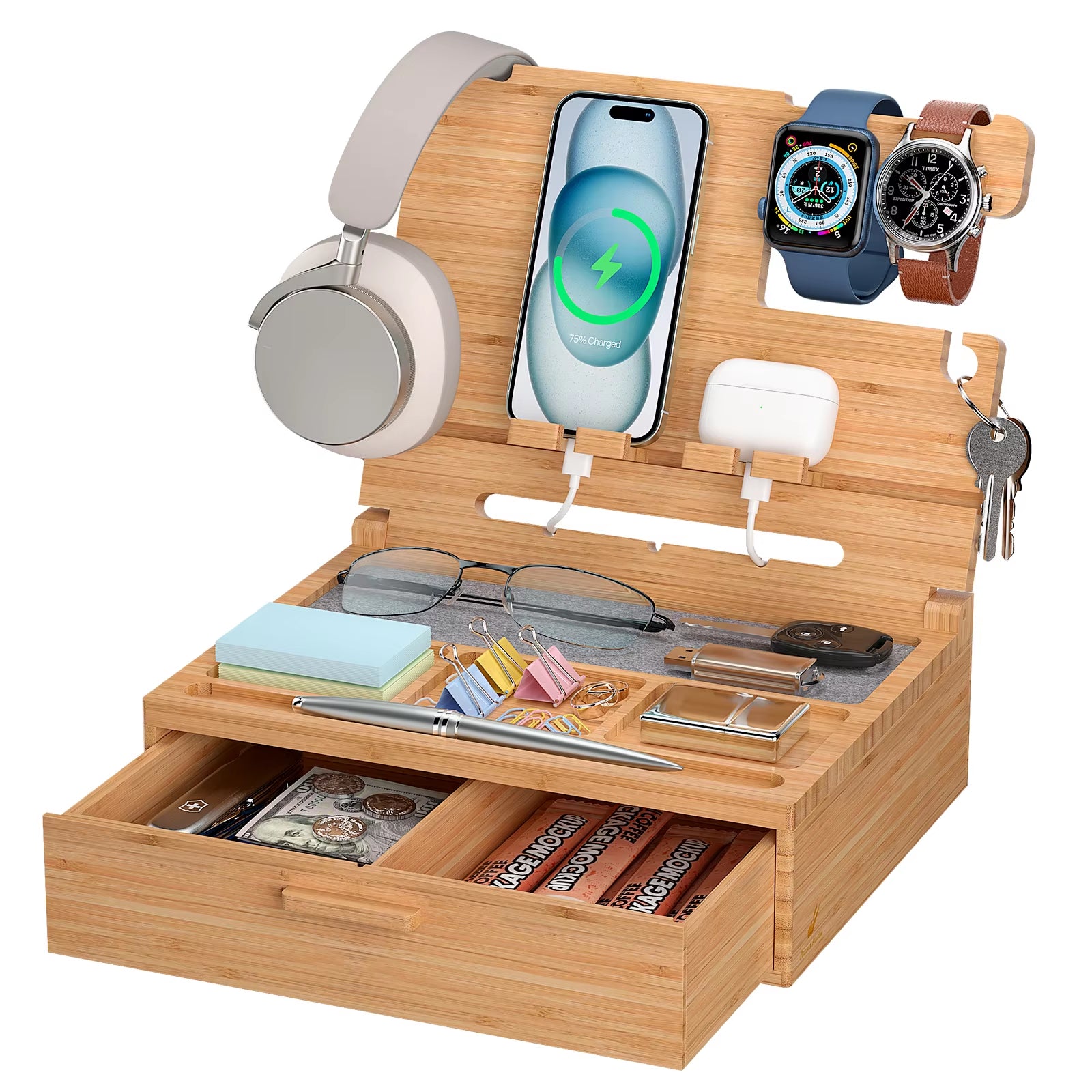 Bamboo Nightstand Charging Station Bedside Table Organizer with Drawer Foldable Cell Phone Stand for Desk Bamboo Docking Station