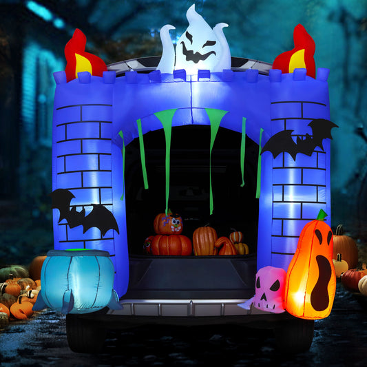 6 FT Halloween Inflatable Haunted Castle Decoration,Trunk or Treat Car Decorations Kit Ghost and Pumpkin with Built-In LED Light for Halloween Party Indoor,Outdoor,Yard,Garden Decor