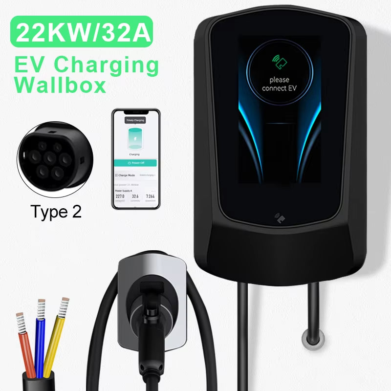 EV Charging Station Electric Vehicle Car Charger 16A 32A 230V/400V Wallbox Ev Charger Type2 with APP Crfd Silver Cee