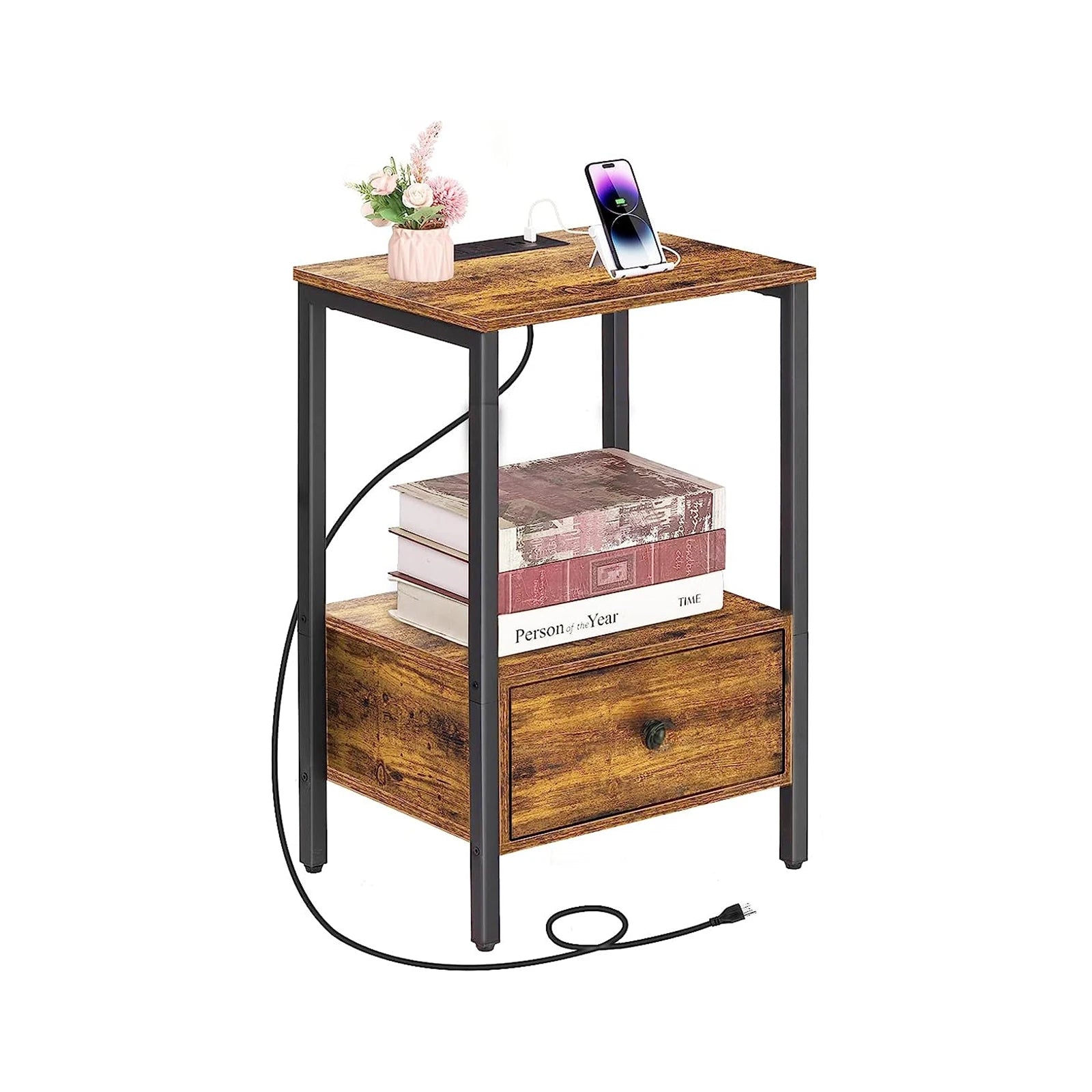 Side Table with Charging Station Narrow End Table W/Storage Drawer Power Outlets