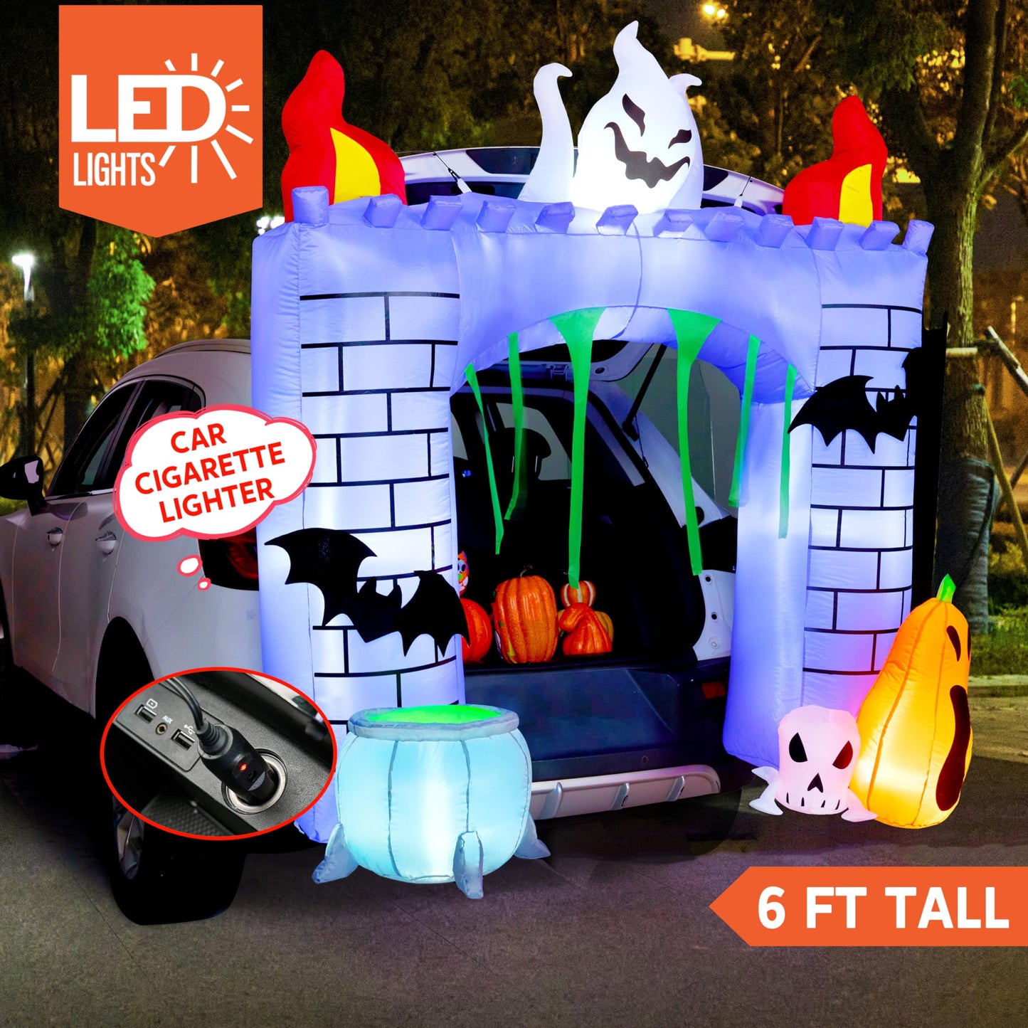 6 FT Halloween Inflatable Haunted Castle Decoration,Trunk or Treat Car Decorations Kit Ghost and Pumpkin with Built-In LED Light for Halloween Party Indoor,Outdoor,Yard,Garden Decor