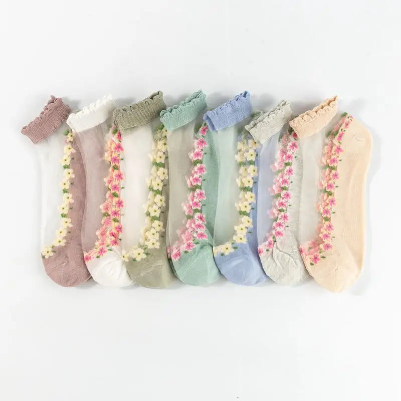 7 Pairs of Floral Glass Silk Women'S Socks Spring and Summer Thin Crystal Boat Socks