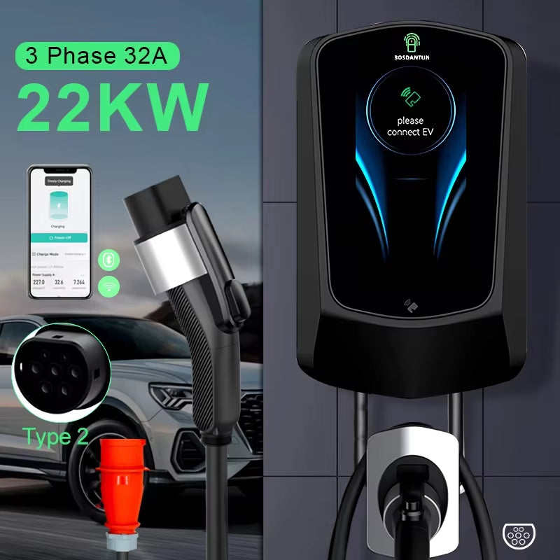 EV Charging Station Electric Vehicle Car Charger 16A 32A 230V/400V Wallbox Ev Charger Type2 with APP Crfd Silver Cee