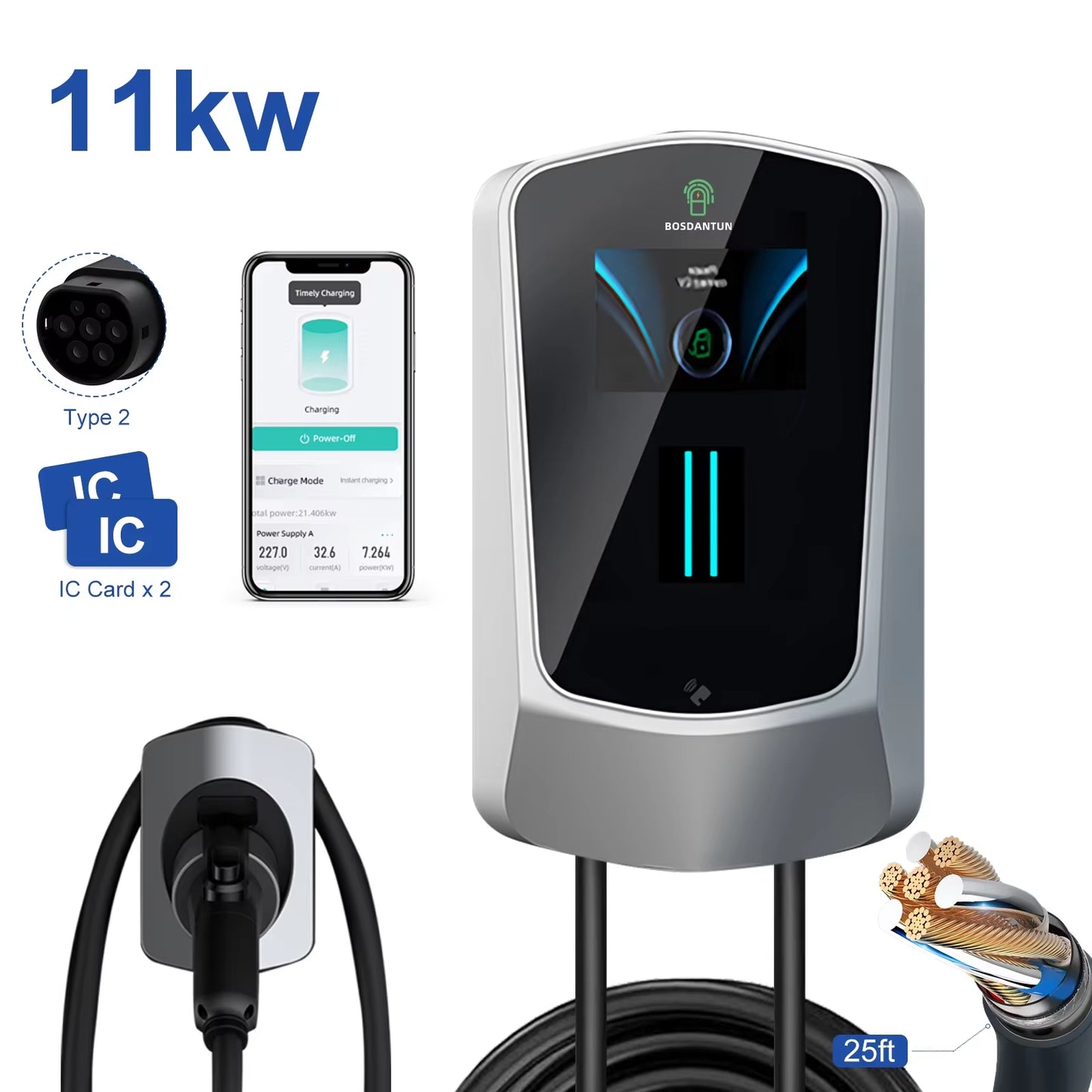 EV Charging Station Electric Vehicle Car Charger 16A 32A 230V/400V Wallbox Ev Charger Type2 with APP Crfd Silver Cee