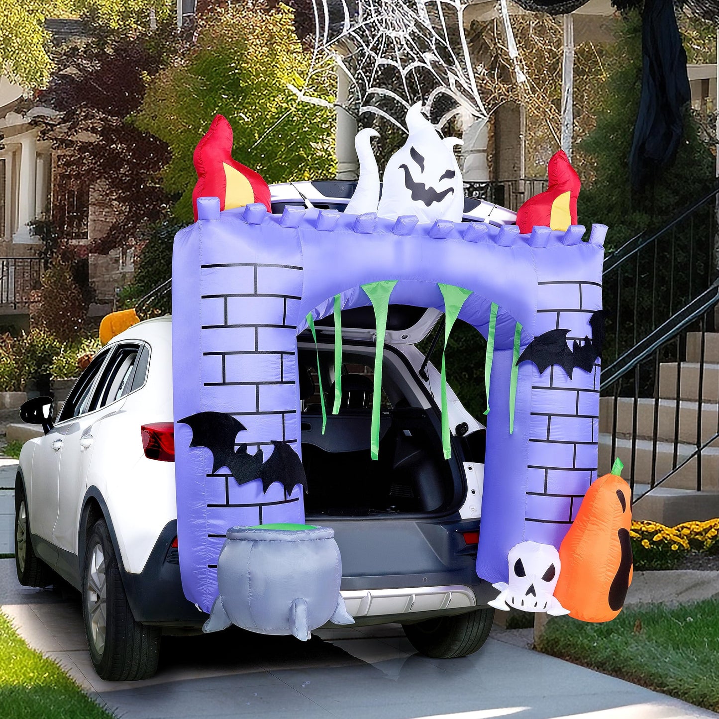 6 FT Halloween Inflatable Haunted Castle Decoration,Trunk or Treat Car Decorations Kit Ghost and Pumpkin with Built-In LED Light for Halloween Party Indoor,Outdoor,Yard,Garden Decor